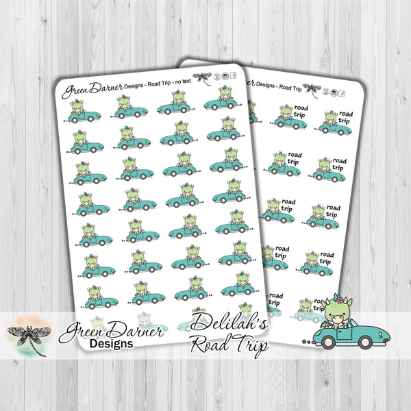 Load image into Gallery viewer, Delilah the Dragon road trip stickers available with or without road trip text. Decorative stickers great for planners, calendars and scrapbooking
