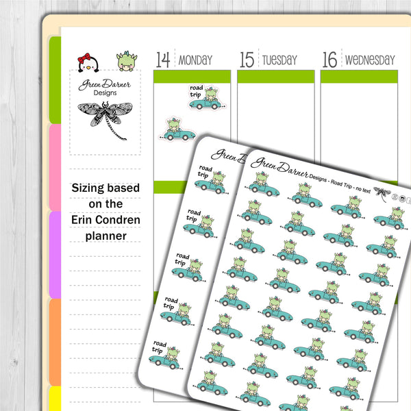 Load image into Gallery viewer, Delilah the Dragon road trip stickers sizing based on Erin Condren planner sized boxes
