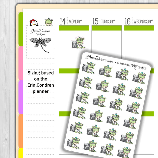 Load image into Gallery viewer, Dudley the Dragon x-ray tech sticker size in planner based on the Erin Condren planner
