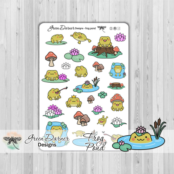 Load image into Gallery viewer, FROG POND - planner stickers, deco, decorative stickers, cute stickers, insects, cute frog, marsh, swamp, lotus, waterlily, lily pad
