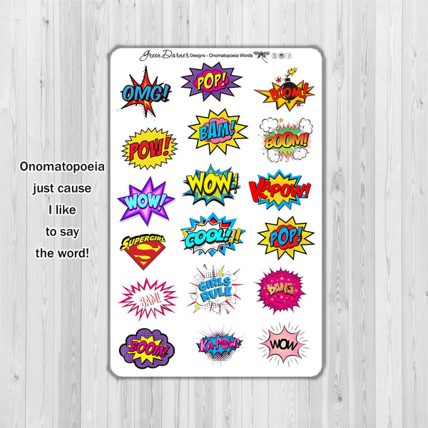 Load image into Gallery viewer, Onomatopoeia planner stickers - action comic speech bubbles

